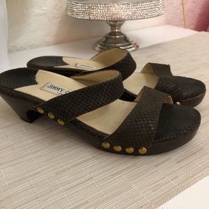 Jimmy Choo Size 39 Snake Embossed Wooden Sandals